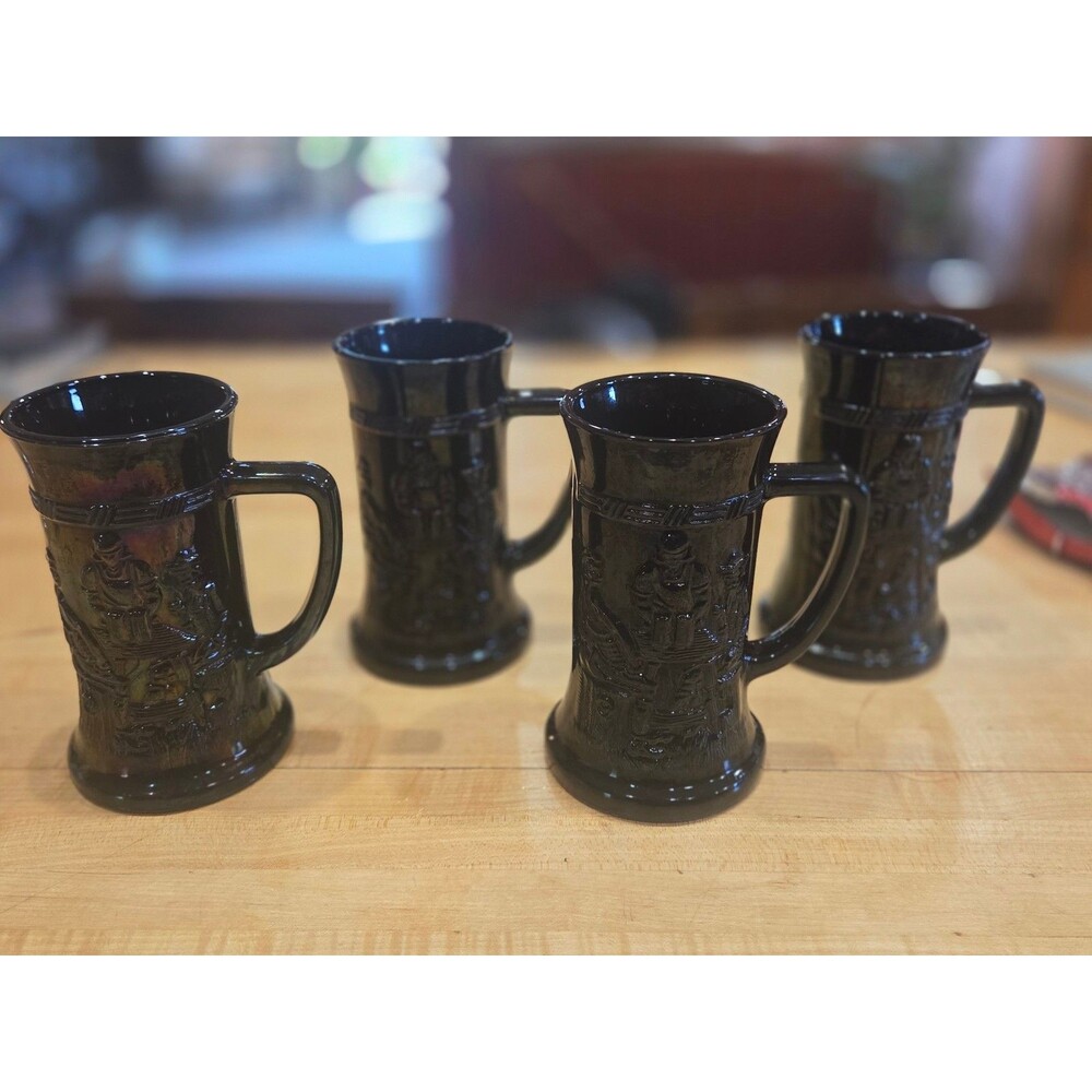 Set of 4 Vintage Indiana Glass Tiara Black Amethyst Beer Steins Tavern Scene